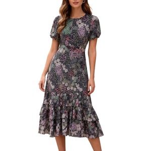Dark Pink London Textured Floral Puff Sleeve Open Back‎ Tiered Ruffle Dress XS